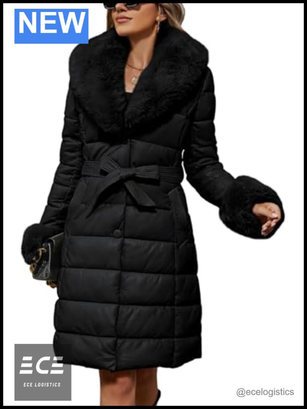 Faux Leather Quilted Puffer Long Winter Coat Sherpa Lined Belted